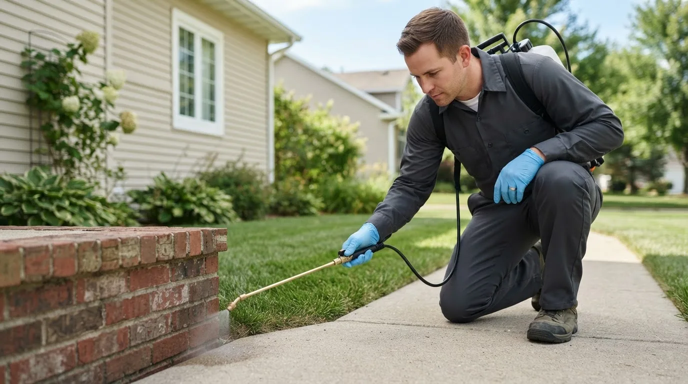 Pest control technician treating a home near Notasulga, AL